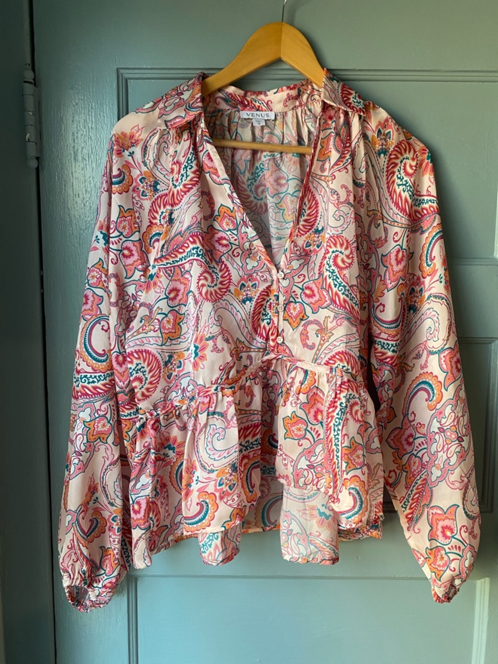 VENUS Pink Paisley Peplum Blouse with Multicolor Accents